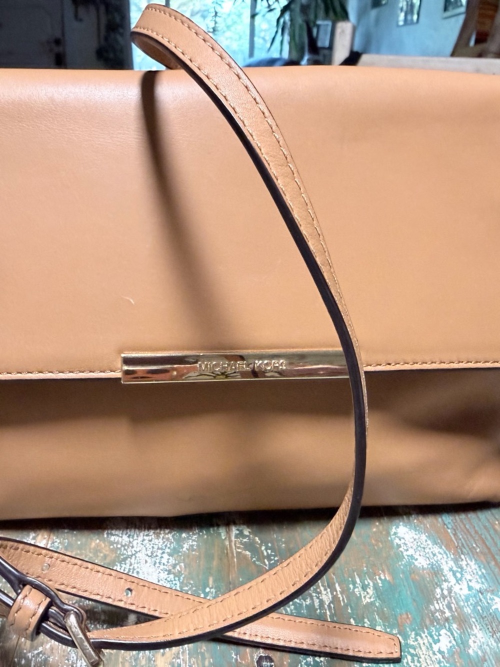 Michael Kors Camel Leather Crossbody Bag with Gold Logo Bar